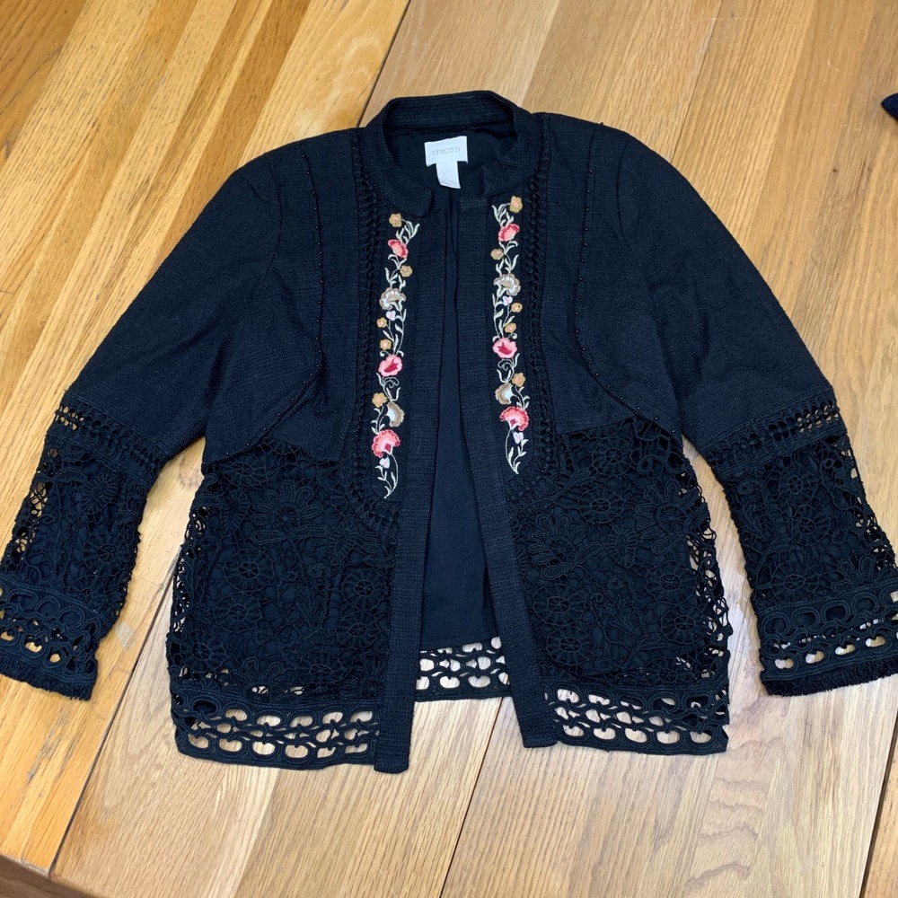 Chicos Black Embroidered‎ Floral Lace Crochet Open Front Jacket Petite Size 4P